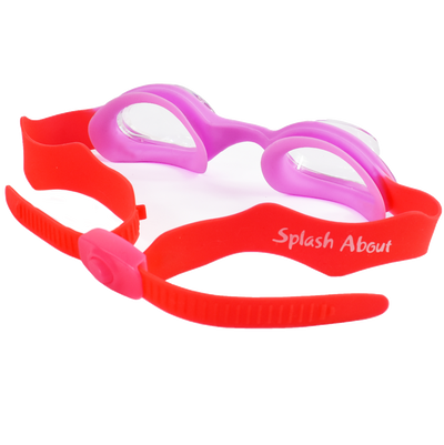 Pink and red kids goggles with clear lenses, back.