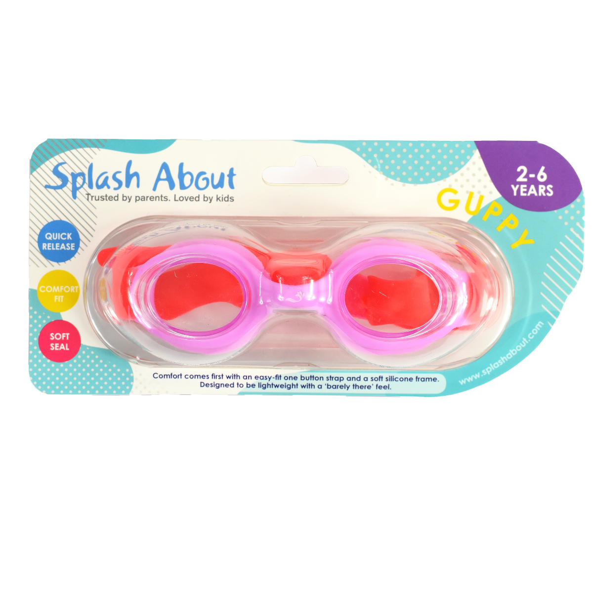 Pink and red kids goggles with clear lenses, with packaging.
