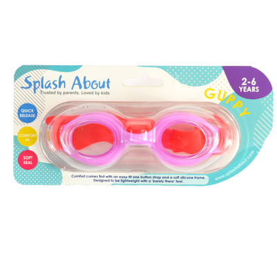 Pink and red kids goggles with clear lenses, with packaging.