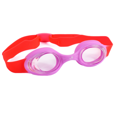 Pink and red kids goggles with clear lenses, front.
