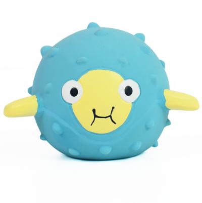 Cute pufferfish bath toy in blue with smiley face.