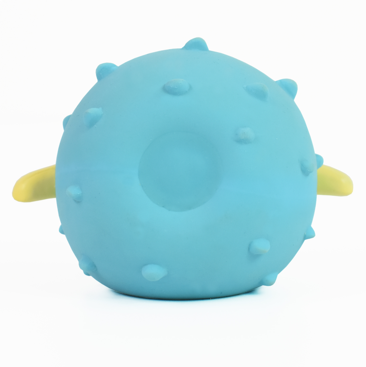 Cute pufferfish bath toy in blue, back.