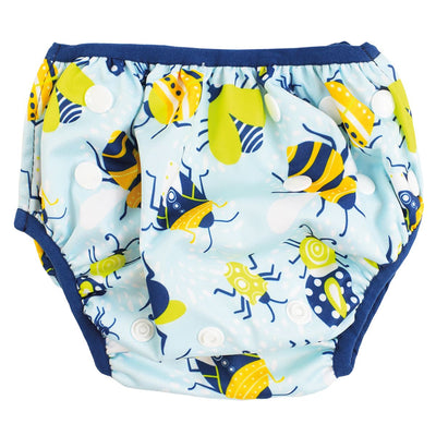 Adjustable under nappy in light blue with navy blue trims and cute bugs print. Front.