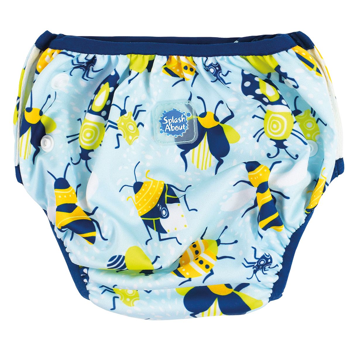 Adjustable under nappy in light blue with navy blue trims and cute bugs print. Back.