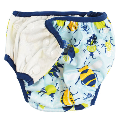 Adjustable under nappy in light blue with navy blue trims and cute bugs print. Lining and poppers.