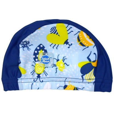 Cute baby swim hat in light blue with navy blue trims and insects themed print.
