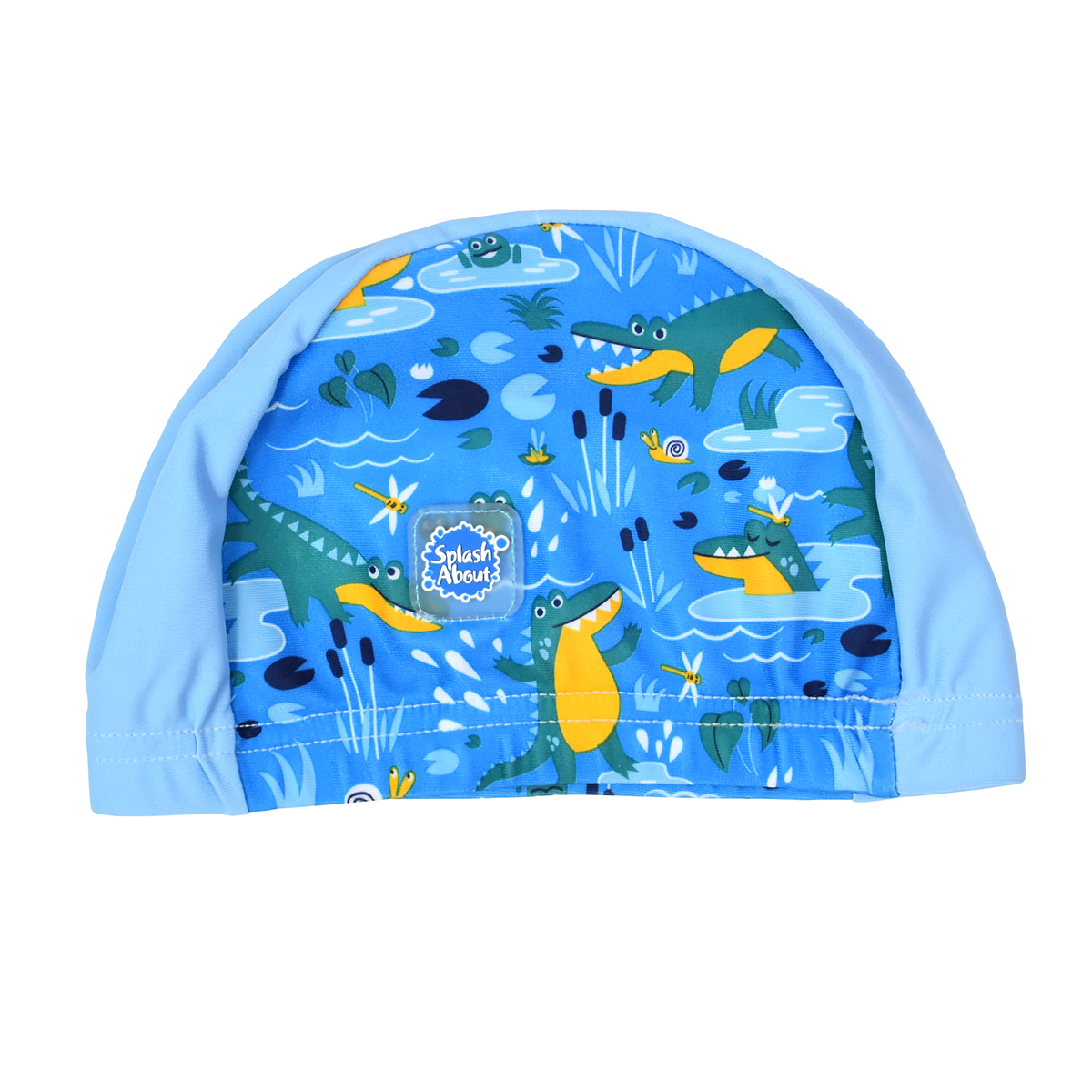 Cute baby swim hat in blue with light blue trims and swamp themed print, including crocodiles, fireflies, frogs, snails and more.