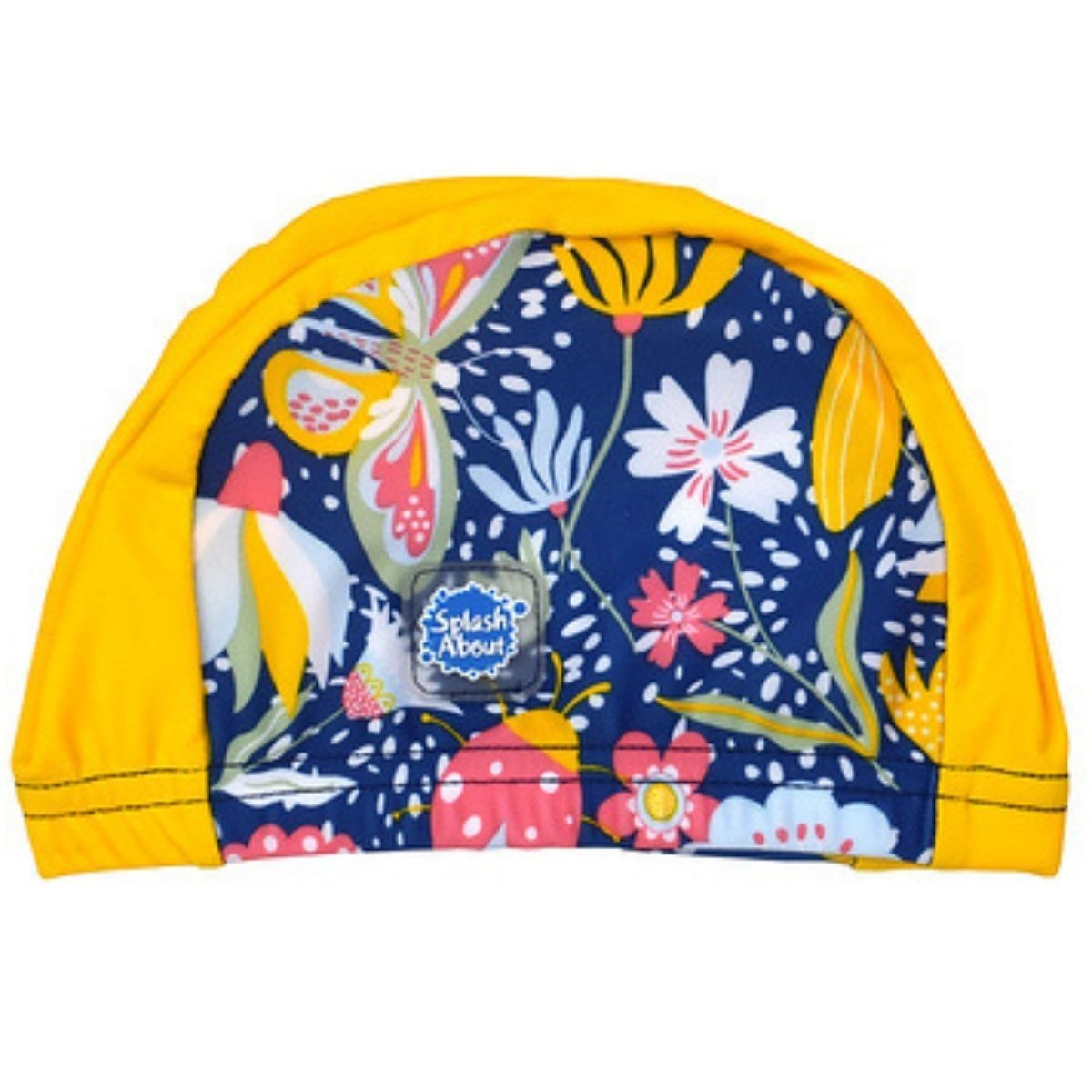 Cute baby swim hat in navy blue with yellow trims and floral print.