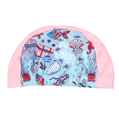 Cute baby swim hat in light blue with baby pink trims and under the sea themed print, including treasure chests, fish, jellyfish, starfish, seahorse and more.