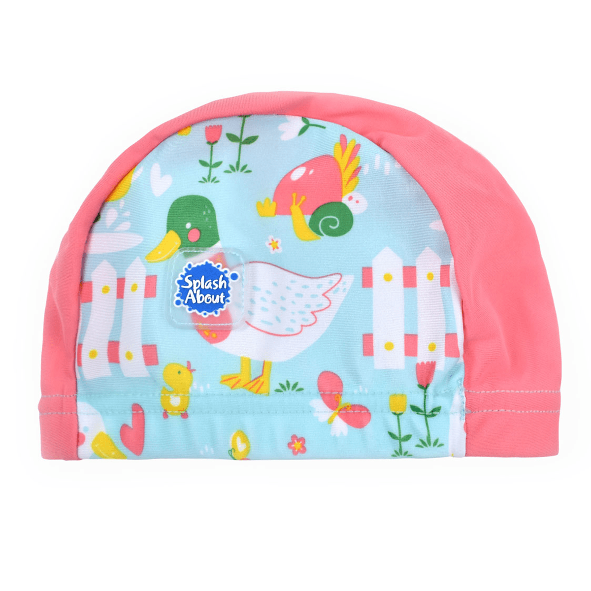 Cute baby swim hat in light blue with pink trims and little ducks themed print.