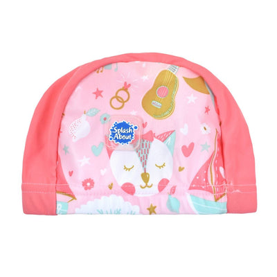 Cute baby swim hat in baby pink with pink trims and Owl & the Pussycat themed print.