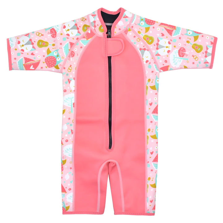 Kids shorty wetsuit in pink Owl and Pussycat print zip back