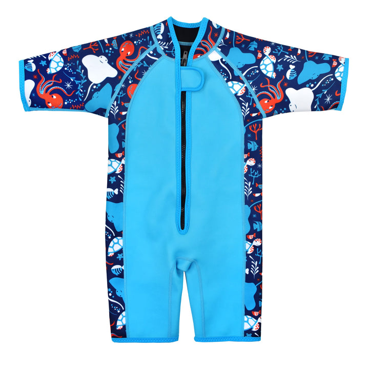 Kids shorty wetsuit in blue sea creature print zip back