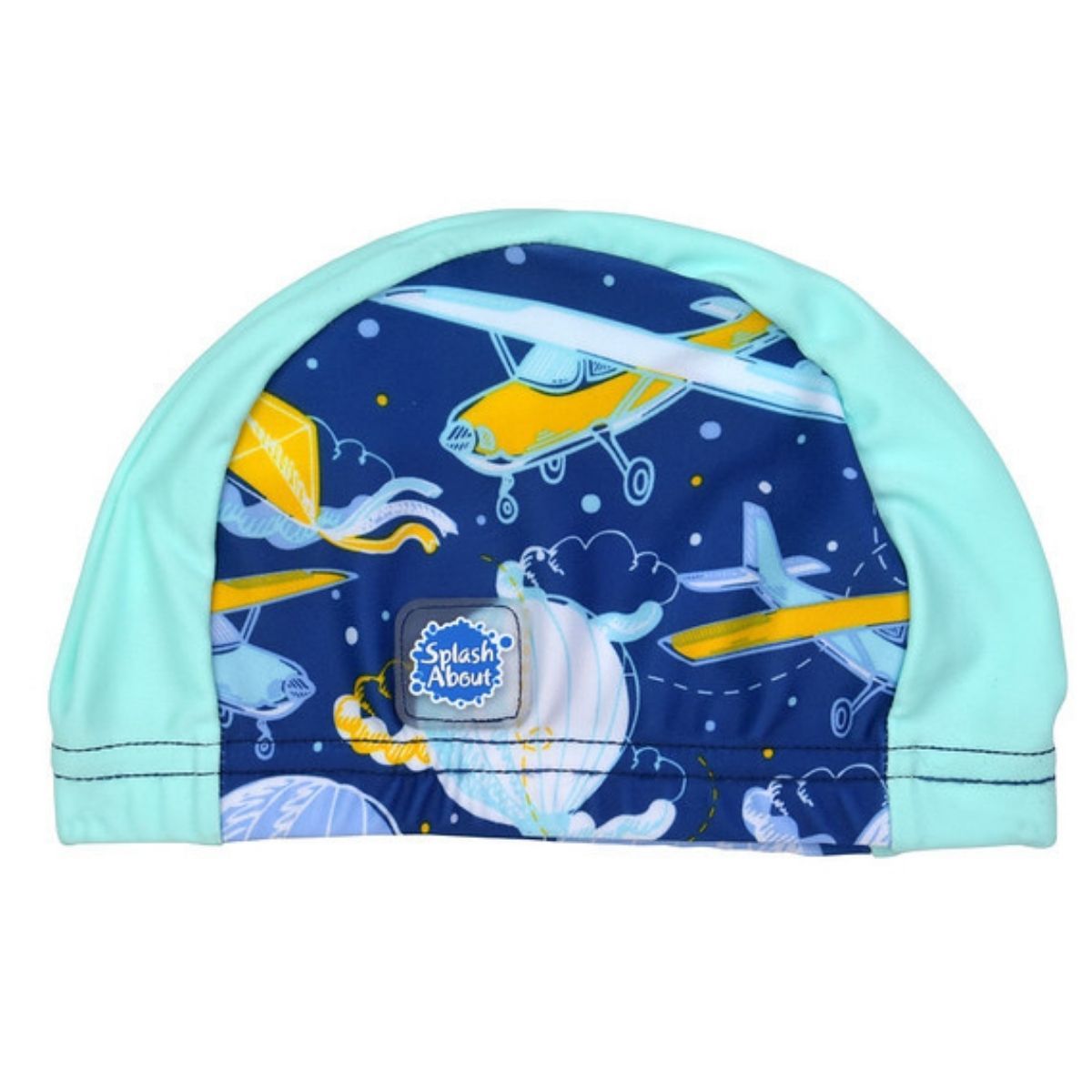 Cute baby swim hat in blue with light green trims and sky themed print, including airplanes, kites, clouds, hot air balloons and more.