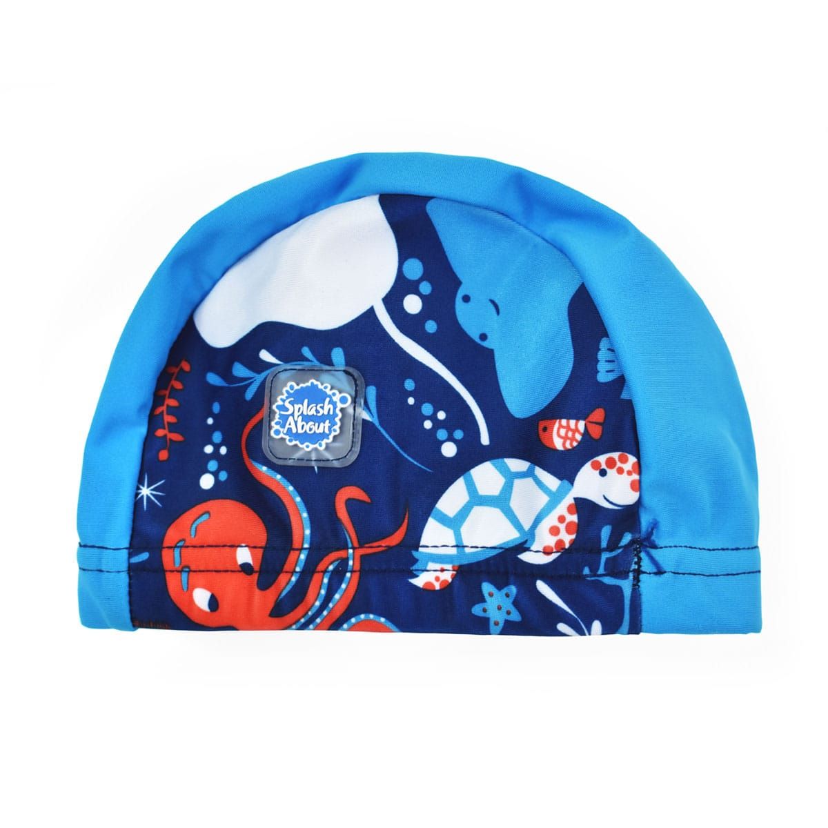 Cute baby swim hat in navy blue with blue trims and under the sea themed print, including octopus, stingray, fish and more.