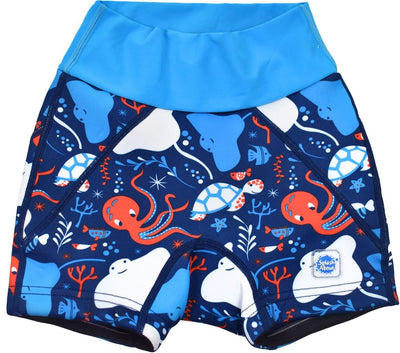 Neoprene swim shorts in navy blue with blue waist and under the sea themed print, including octopus, turtles, fish, stingray and more. Front.