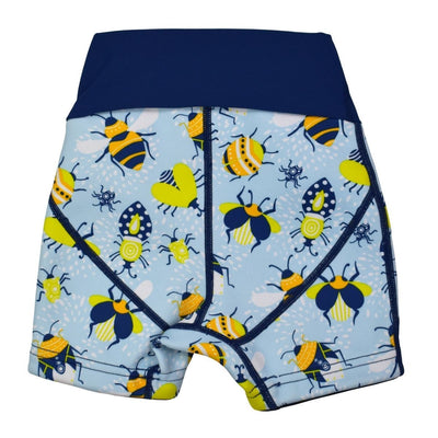 Neoprene swim shorts in light blue with navy blue trims and insects print. Back.