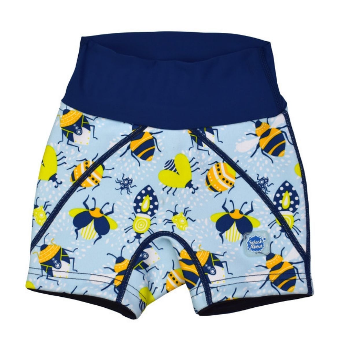 Neoprene swim shorts in light blue with navy blue trims and insects print. Front.