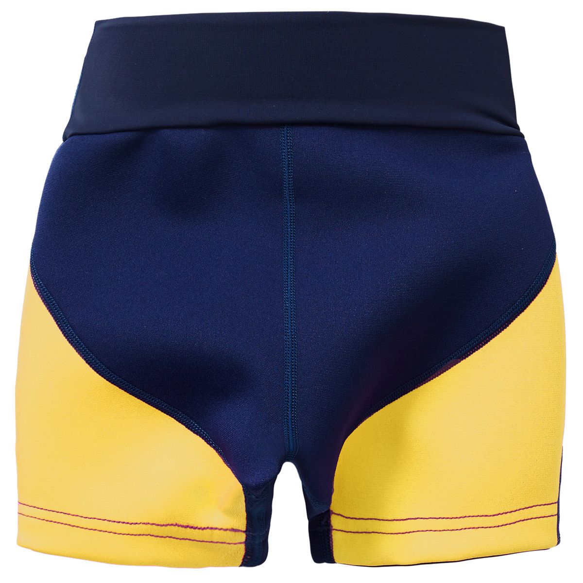 Neoprene swim shorts in navy blue with yellow trims. Back.