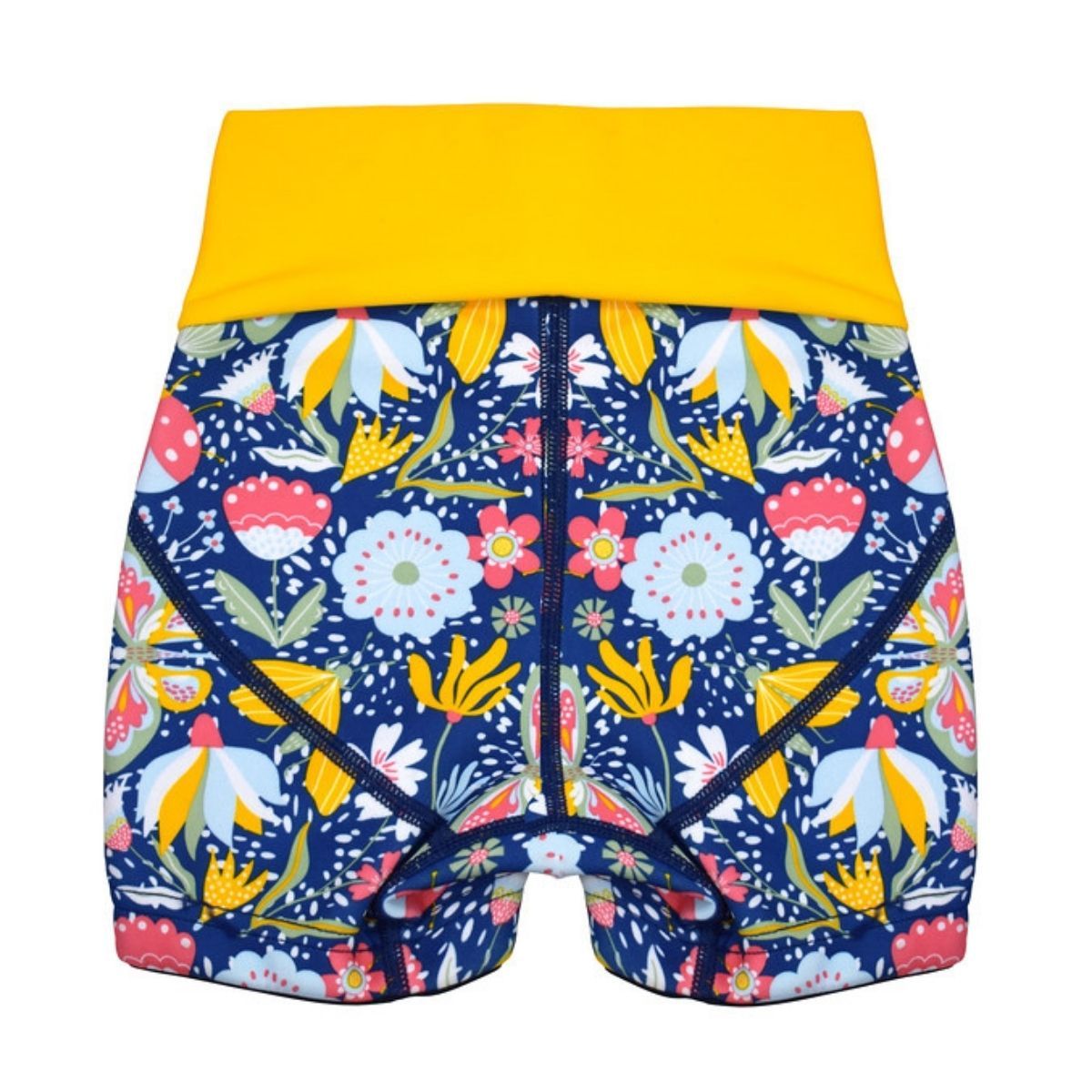 Neoprene swim shorts in navy blue with yellow waist and floral print. Back.
