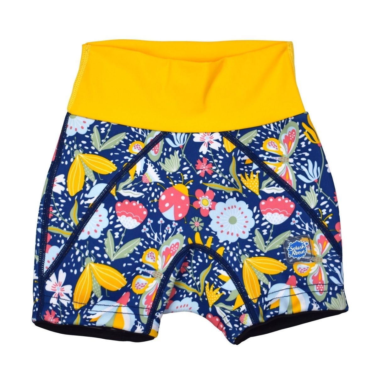 Neoprene swim shorts in navy blue with yellow waist and floral print. Front.