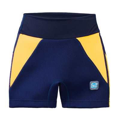 Neoprene swim shorts in navy blue with yellow trims. Front.