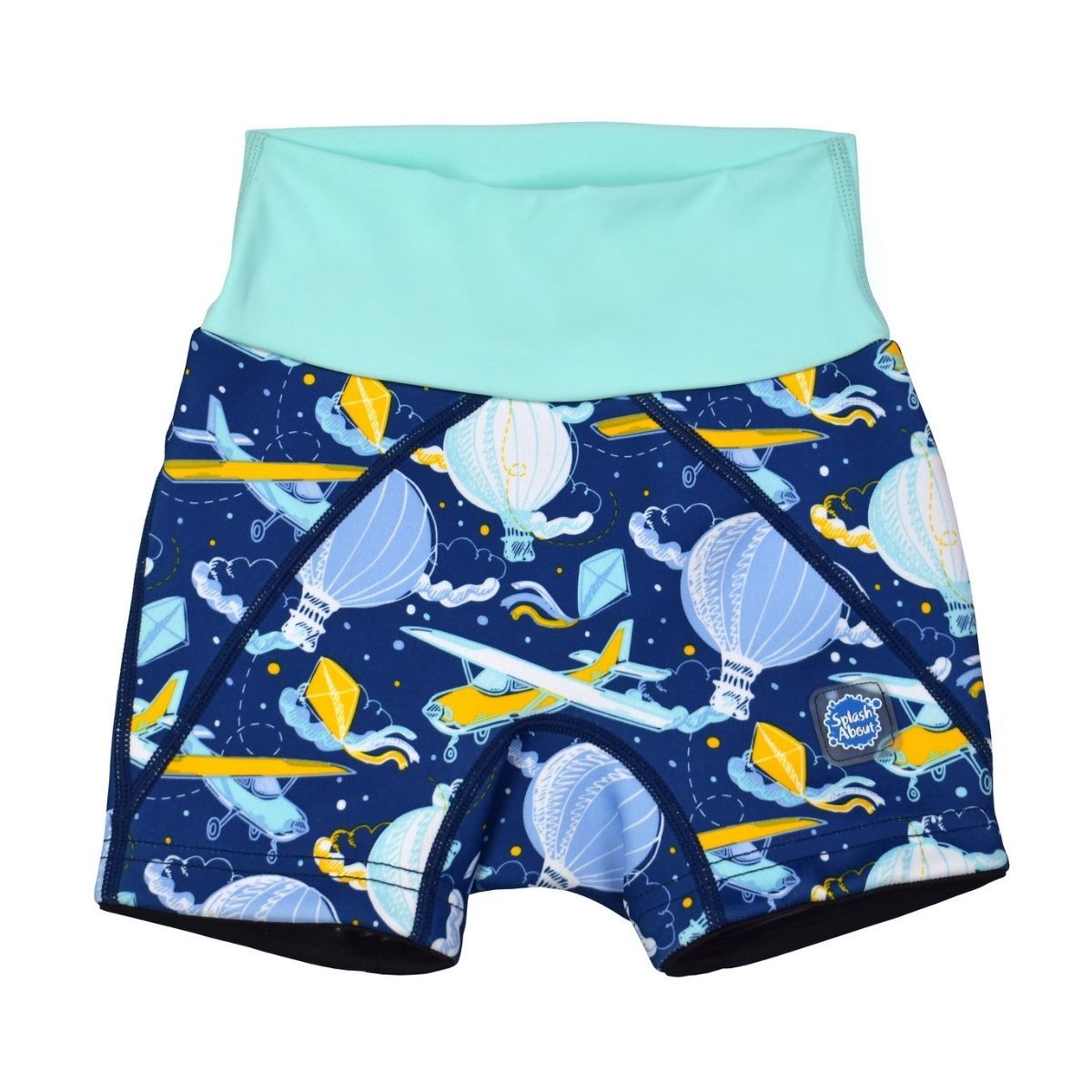 Neoprene swim shorts in navy blue with light green waist and hot air balloons themed print, including airplanes, kites and clouds. Front.