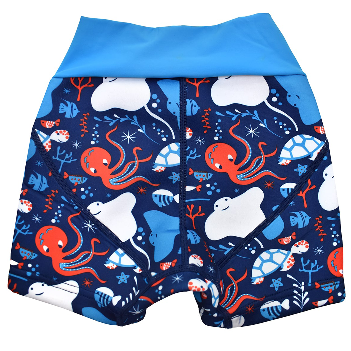 Neoprene swim shorts in navy blue with blue waist and under the sea themed print, including octopus, turtles, fish, stingray and more. Back.