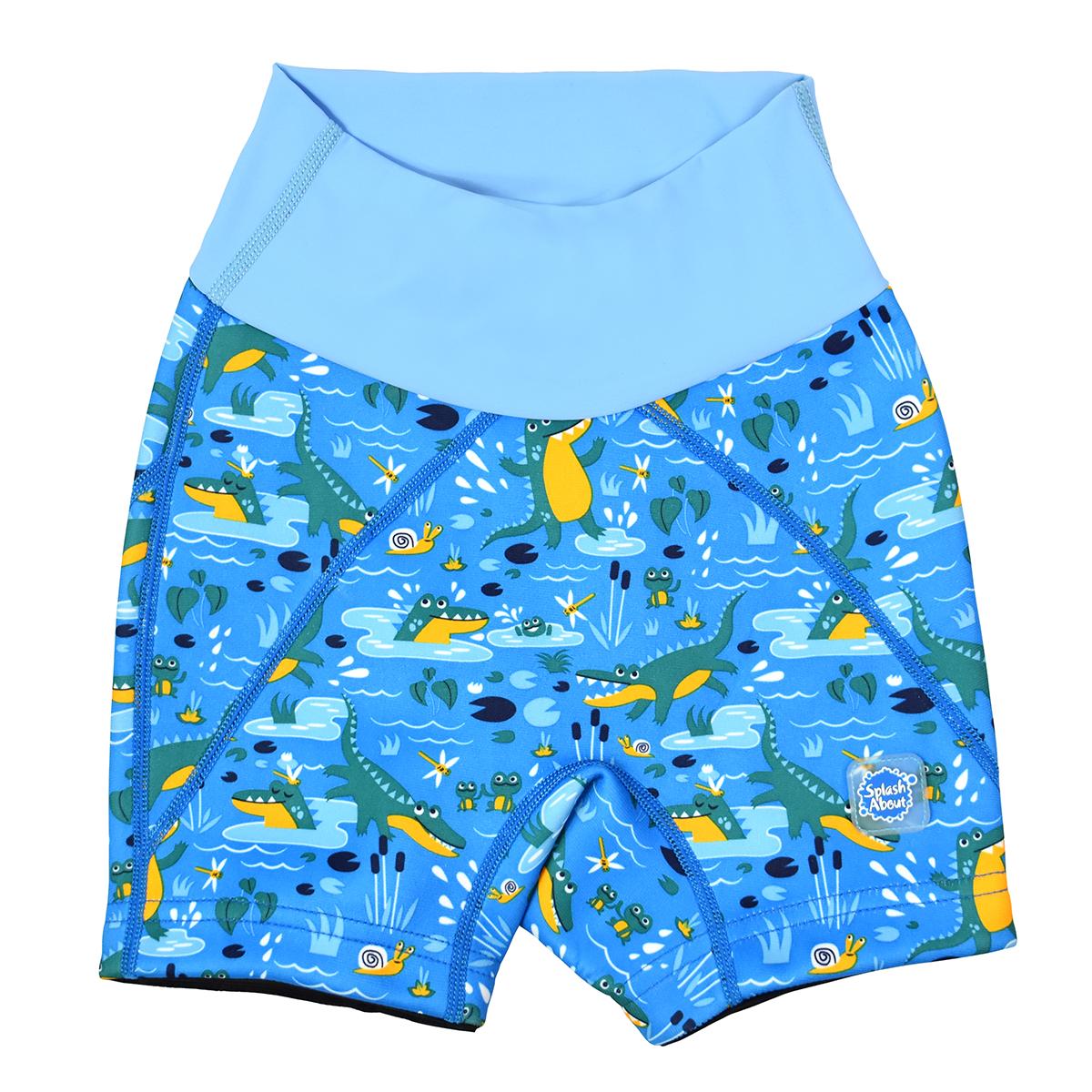 Neoprene swim shorts in blue with light blue waist and swamp themed print, including crocodiles, frogs, snails and more. Front.
