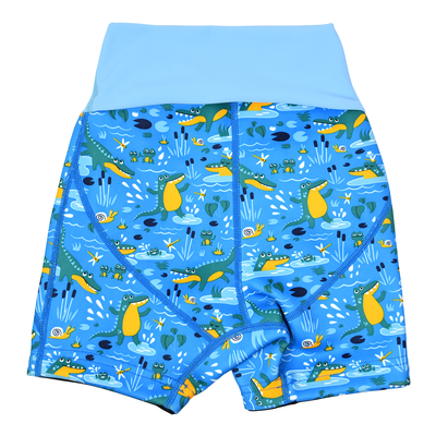 Neoprene swim shorts in blue with light blue waist and swamp themed print, including crocodiles, frogs, snails and more. Back.