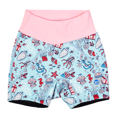 Neoprene swim shorts in light blue with baby pink waist and sea themed print, including treasure chests, seahorses, fish, jellyfish and more. Front.