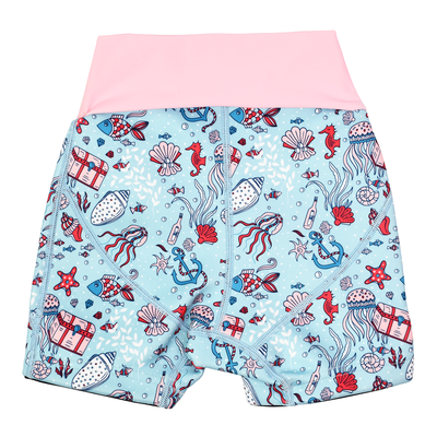 Neoprene swim shorts in light blue with baby pink waist and sea themed print, including treasure chests, seahorses, fish, jellyfish and more. Back.