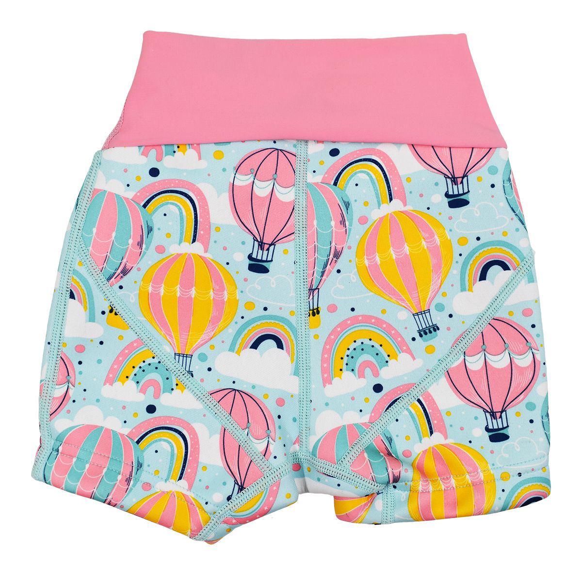 Neoprene swim shorts in baby blue with pink waist and hot air balloons themed print, including clouds and rainbows. Back.