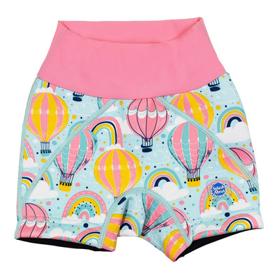 Neoprene swim shorts in baby blue with pink waist and hot air balloons themed print, including clouds and rainbows. Front.