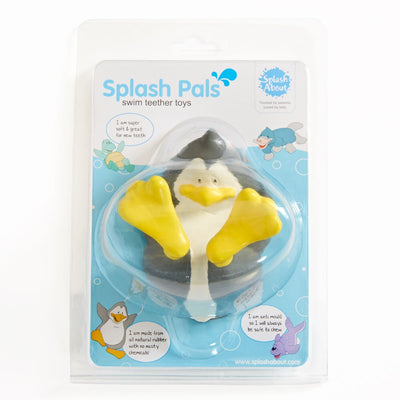 Packaging containing penguin bath and pool toy, made from natural rubber. Can be used as a teether.