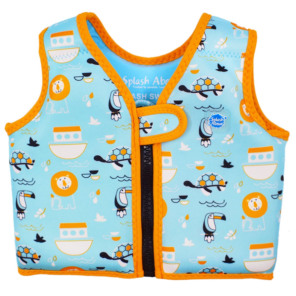 Neoprene swim vest for toddlers with non-removable floats in light blue, orange trims and Noah's Ark themed print. Front.
