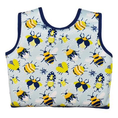 Neoprene swim vest for toddlers with non-removable floats in light blue, navy blue trims and insects print. Back.