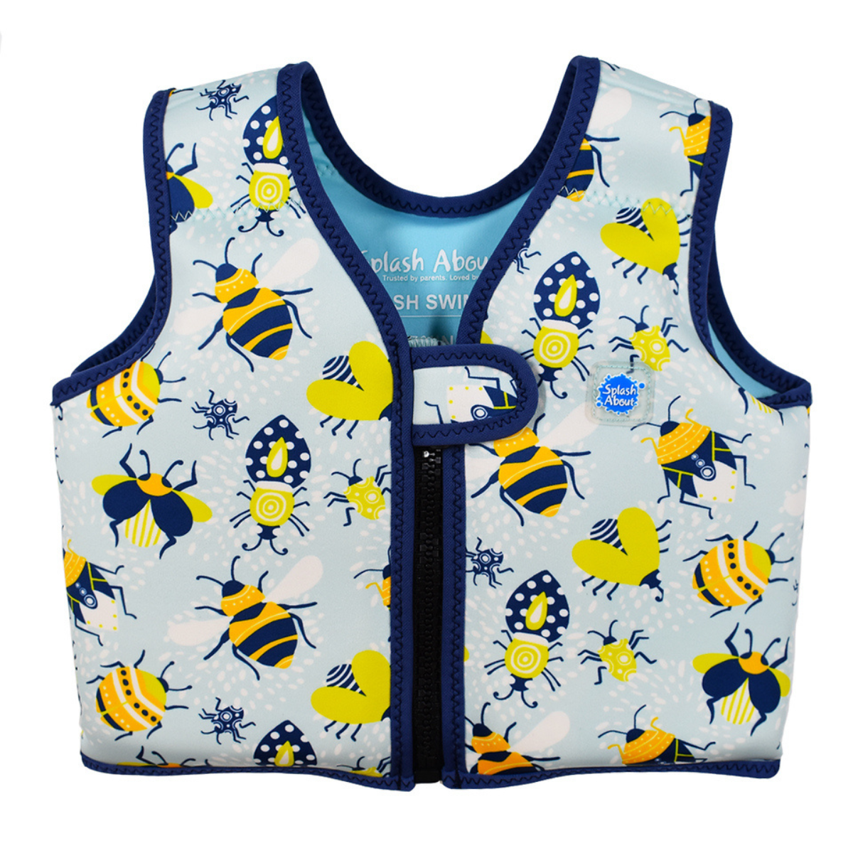 Neoprene swim vest for toddlers with non-removable floats in light blue, navy blue trims and insects print. Front.