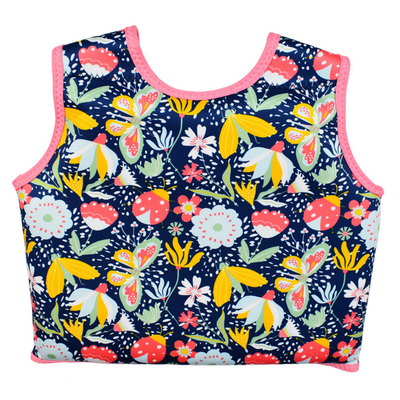 Neoprene swim vest for toddlers with non-removable floats in navy blue, pink trims and floral print. Back.