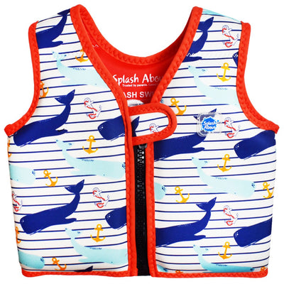 Neoprene swim vest for toddlers with non-removable floats in white with red trims, whales themed print and navy blue stripes. Front.