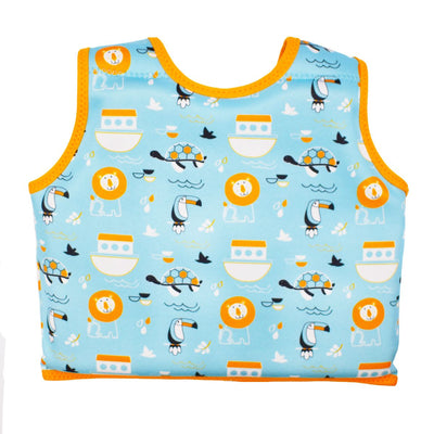 Neoprene swim vest for toddlers with non-removable floats in light blue, orange trims and Noah's Ark themed print. Back.