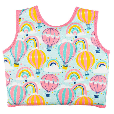 Neoprene swim vest for toddlers with non-removable floats in baby blue, pink trims and hot air balloons themed print, including clouds and rainbows. Back.