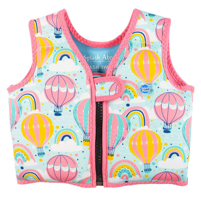 Neoprene swim vest for toddlers with non-removable floats in baby blue, pink trims and hot air balloons themed print, including clouds and rainbows. Front.