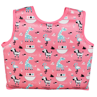 Neoprene swim vest for toddlers with non-removable floats in pink, pink trims and Noah's Ark themed print. Back.