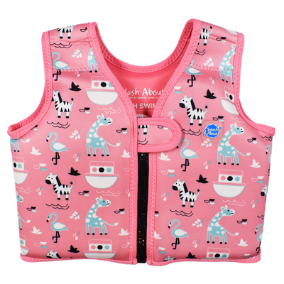 Neoprene swim vest for toddlers with non-removable floats in pink, pink trims and Noah's Ark themed print. Front.