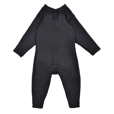 Black thermal all in one for babies, zipped front.