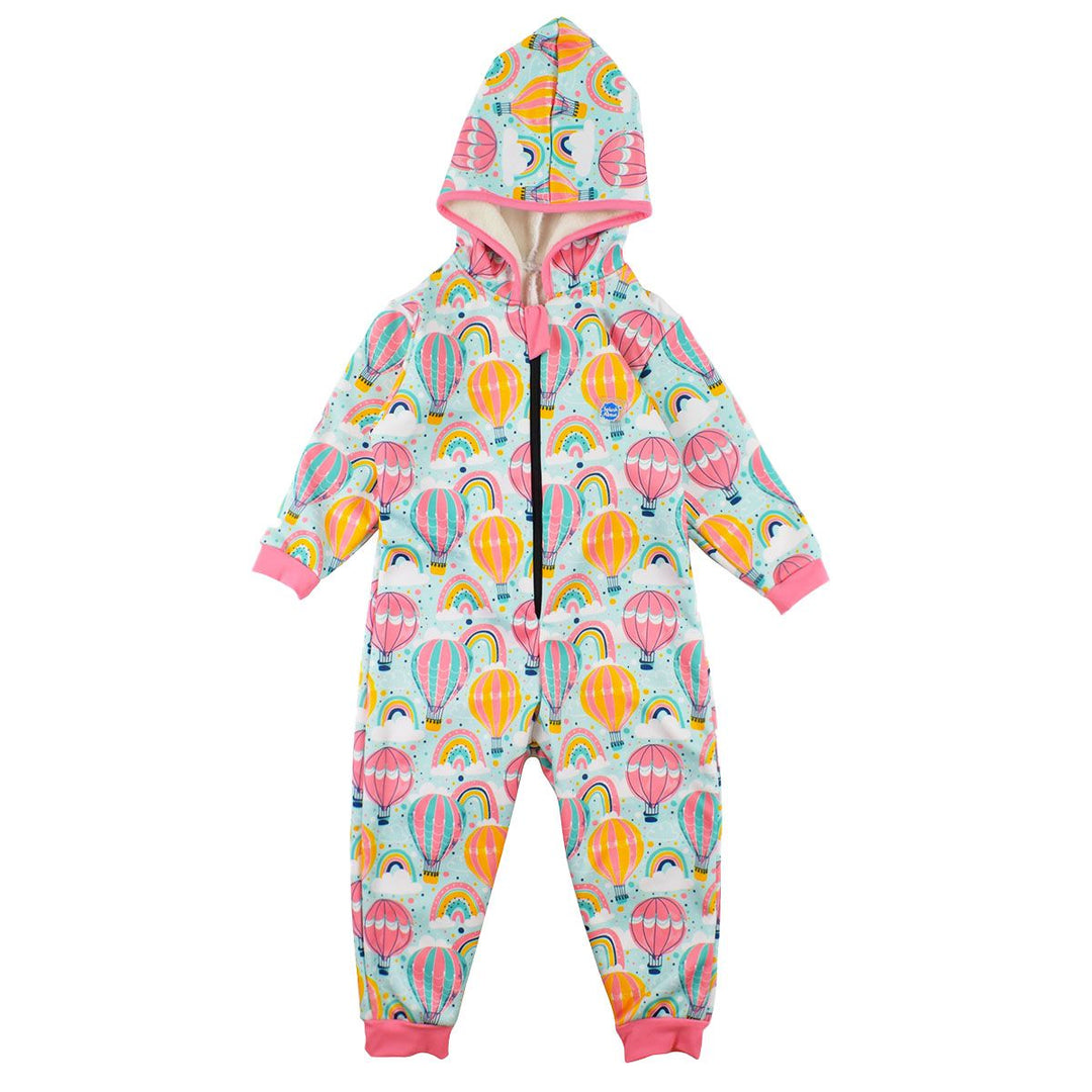 Waterproof fleece-lined onesie with hood in baby blue and hot air balloons themed print, including rainbows and clouds. Pink trims. Front.