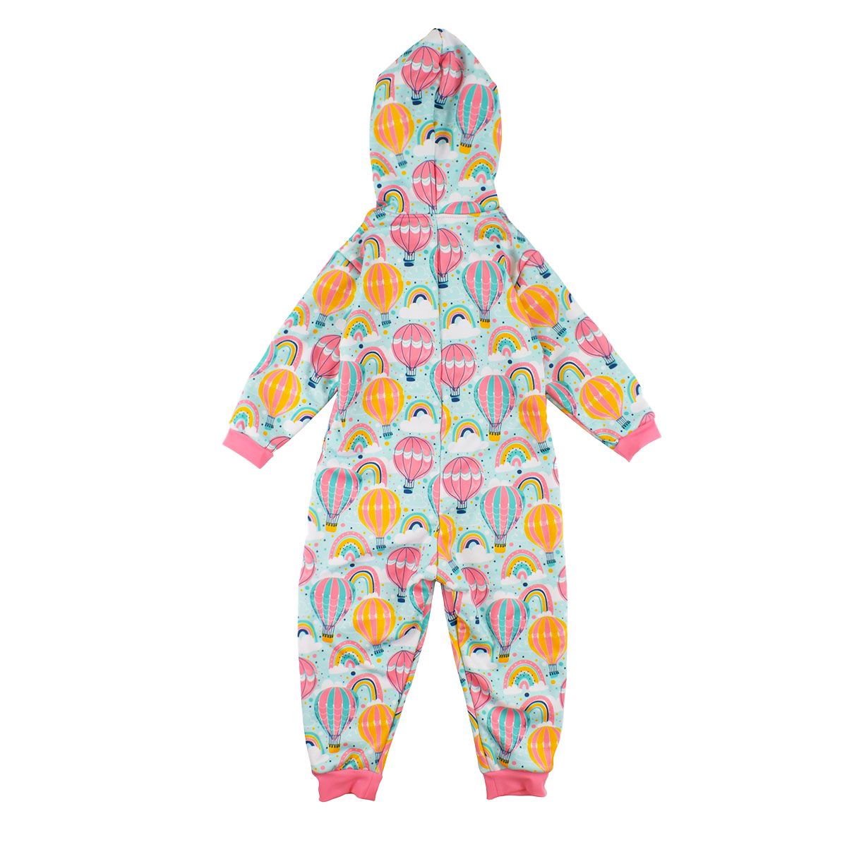 Waterproof fleece-lined onesie with hood in baby blue and hot air balloons themed print, including rainbows and clouds. Pink trims. Back.