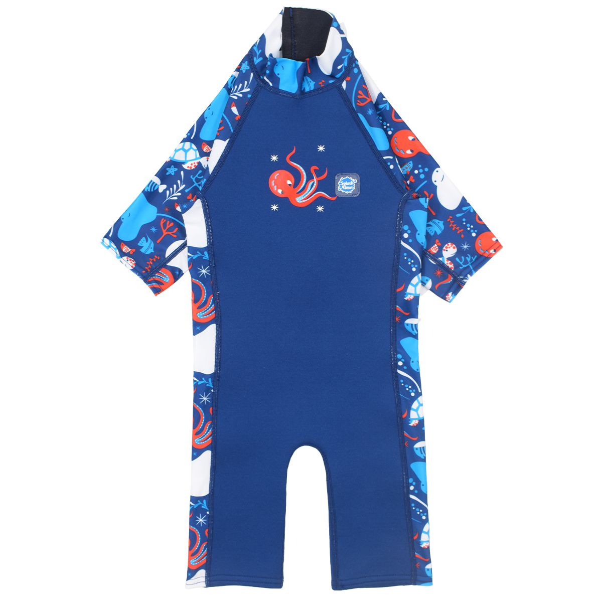 One piece UV sun and sea wetsuit for toddlers in navy blue. Sea life themed print including turtles, octopus, fish, stingray and more on sleeves, side panels, neck and chest. Front.