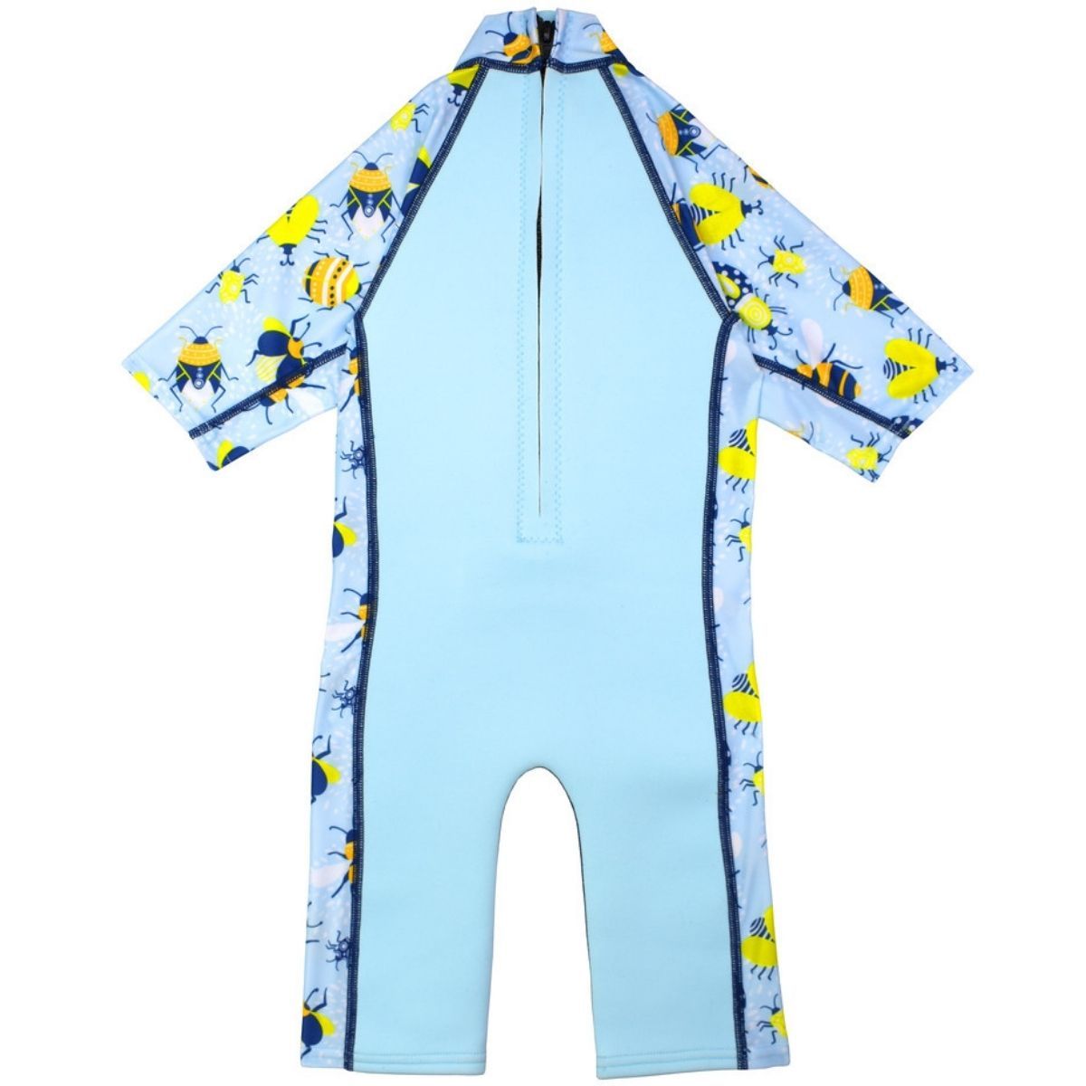 One piece UV sun and sea wetsuit for toddlers in light blue with navy blue trims. Insects themed print on sleeves, side panels and neck. Back.